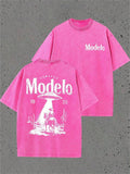 Unisex Modelo Vintage Acid Wash UFO Cowboy Graphic T Shirts
