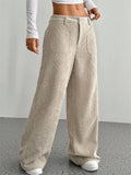 ‌Autumn Mid Waist Corduroy Pockets Wide Leg Pants for Women‌