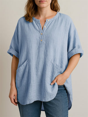 Women's Casual Comfy Solid Color Pockets 3/4 Sleeve Shirt