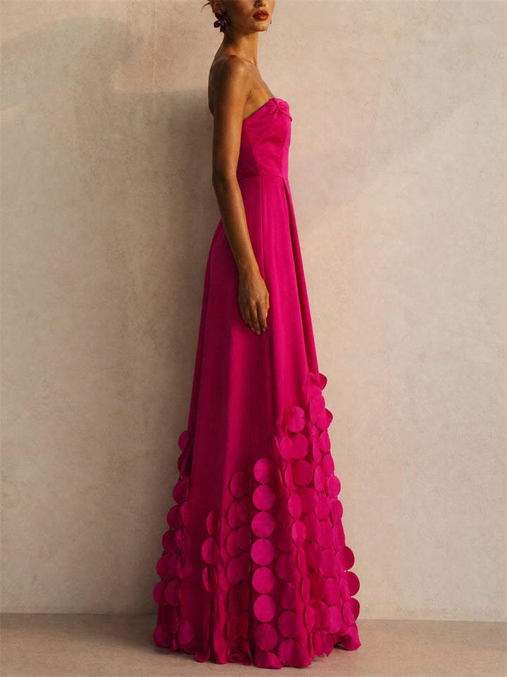 Women Strapless Fuchsia Satin 3D Petal Applique Maxi Gown