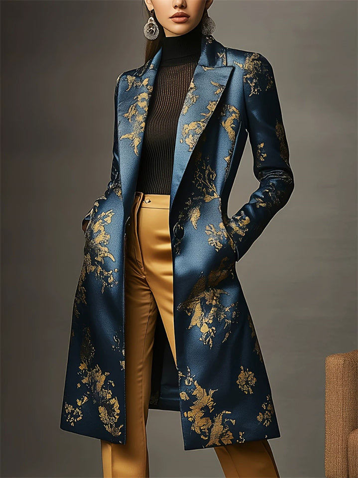 Autumn Gold Plants Printed Satin Single Breasted Coat for Women