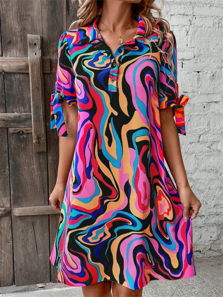 Women's Trendy Contrast Color Printed Bow Tie Half Sleeve Shirt Dress