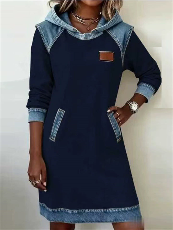 Women's ‌Two Tone Denim Patchwork Long Sleeve Hooded Dress