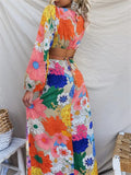 Ladies Flowers Print Round Neck Lace-up Dresses