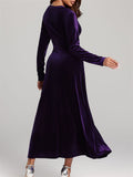 ‌Women's Elegant V-Neck Long Sleeve Velvet Maxi Dress‌