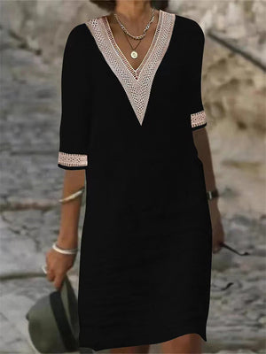 Lace V Neck Half Sleeve Women's Cotton Midi Dress
