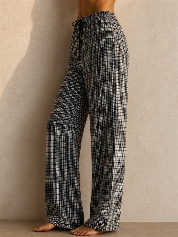 Women Plaid Elastic Drawstring Waist Wide Leg Lounge Pants