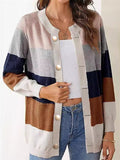 Women's Contrast Color Button Up Round Neck Cardigan Sweater