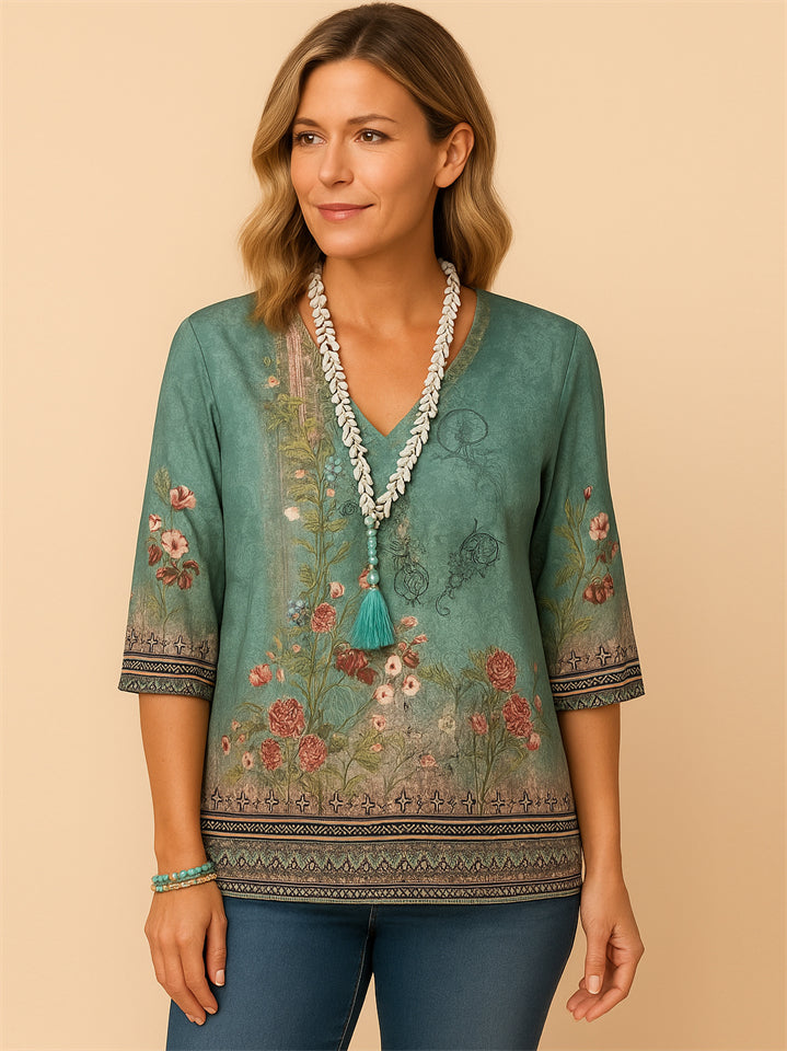 Women's Summer Boho Ethnic Style Floral Printed V-Neck Shirt