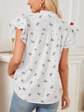 Women's Summer Bowtie Print V neck Lotus Sleeve Chiffon Shirts