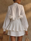Womens Chic Ruffle Pleated Puff Sleeve Tiered Peplum Blouse