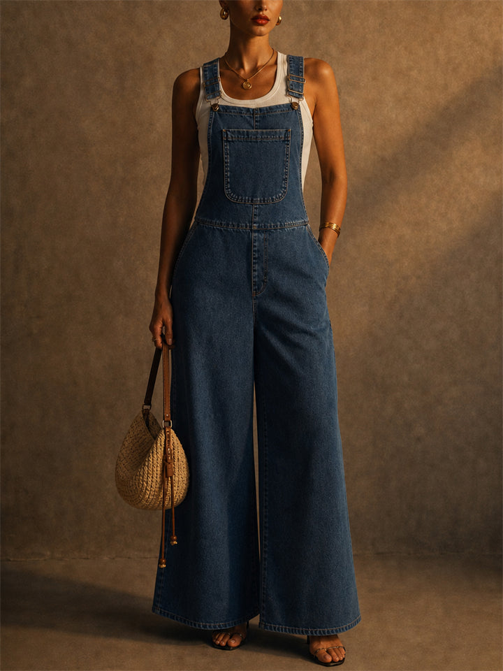Women Denim Overalls Wide Leg Backless Bib Jumpsuit with Pocket