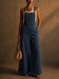 Women Denim Overalls Wide Leg Backless Bib Jumpsuit with Pocket