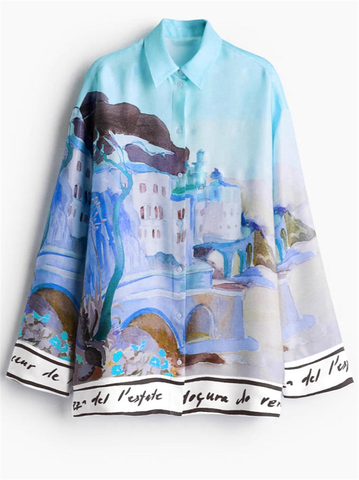 Women's Paniting Style Print Lapel Long Sleeve Blouses