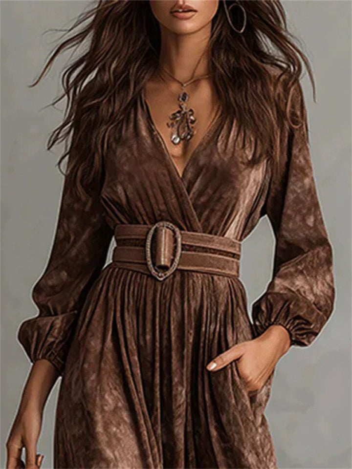 Autumn Vintage V Neck Pleated Puff Sleeve Maxi Dress for Women