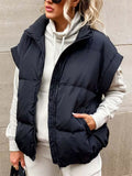 Women's Casual Solid Color Zip Up Pockets Stand Collar Sleeveless Vest Padded Coats