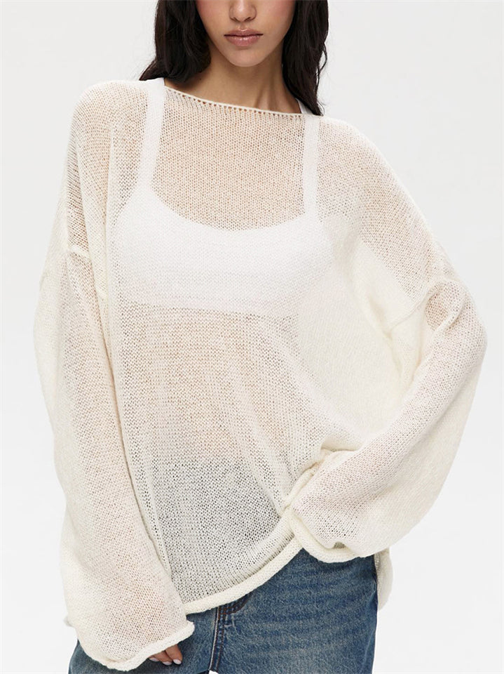 Comfy Solid Color Hollow Long  Sleeve Sweater for Women