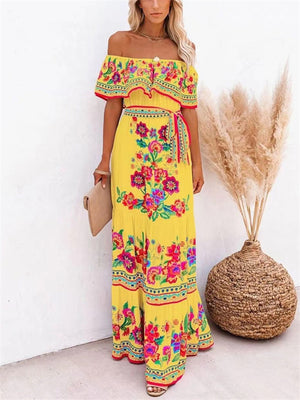 Women's Flower Print Off Shoulder Bohemian Dress