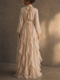Womens Boho Chiffon Ruffle High Neck Long Sleeve Maxi Dress