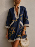 Women V Neck Boho Abstract Print Resort Lace Trim Mini Dress