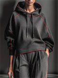 W‌omen's Sporty Tracksuit Red Trim‌ Hoodie and Wide Leg Pants Set