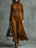 Elegant High Neck Brown Velvet Long Dress for Women with Belt