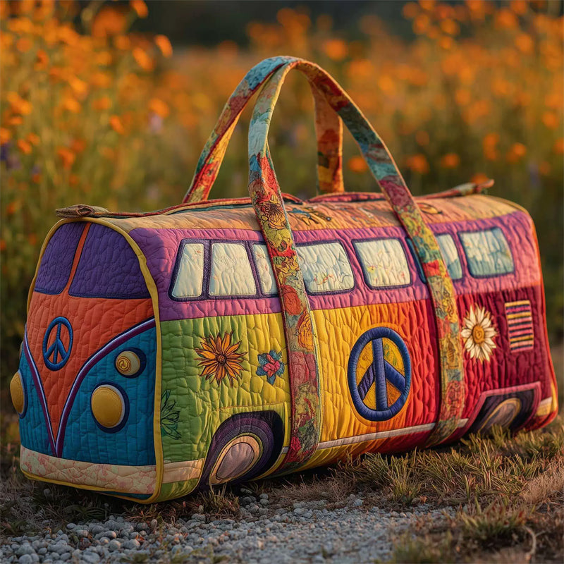 Rainbow Color Hippie Bus Quilted Duffel Bag