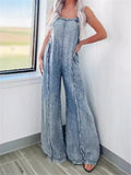 Female Retro Washed Wide Leg Raw Edge Jumpsuits