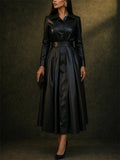Women Faux Leather Long Sleeve Belted Maxi A-Line Dress