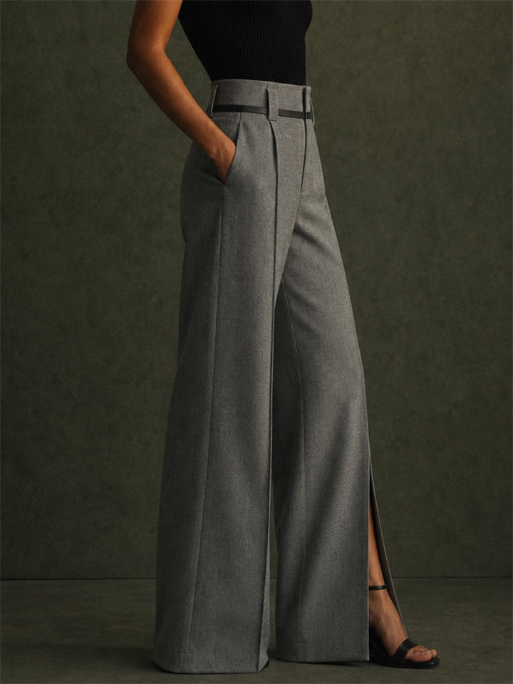 Women Chic High Waist Slit Wide Leg Pants Office Trousers