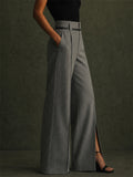 Women Chic High Waist Slit Wide Leg Pants Office Trousers