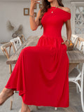 Women's Summer Solid Color Pockets One Shoulder Dress