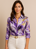 Women's Trendy Contrast Color 3D Print Lapel Long Sleeve Blouses