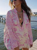 Women's 2pcs Summer Print Long Sleeve Satin Top & Short Pants Set