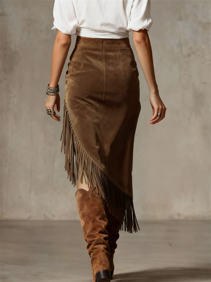 A‌utumn Boho Fringe Suede Asymmetric Maxi Skirt for Women‌