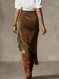 A‌utumn Boho Fringe Suede Asymmetric Maxi Skirt for Women‌