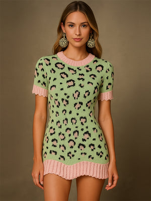 Women's Mint Green And Pink Leopard Print Knit Dress With Frilled Edges