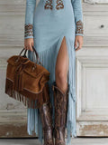 Autumn Chic Boho Style Printed Split Fringe Long Dress for Women
