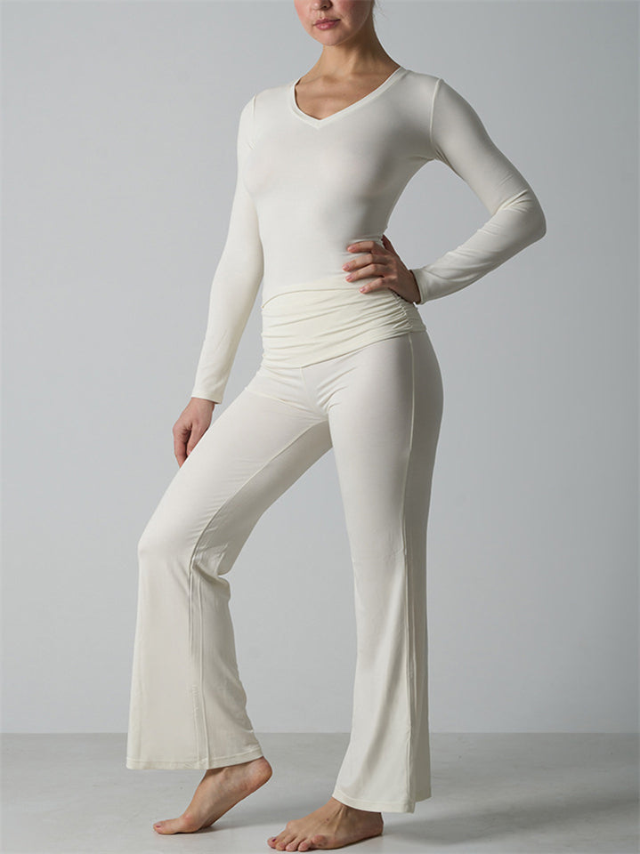 Women's 2 Piece Lounge V Neck Long Sleeve Top and Flare Yoga Pants Set