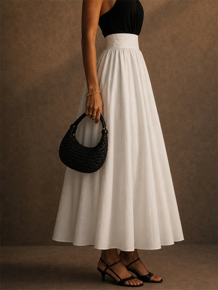 Women French Style High Waist White A Line Pleated Maxi Skirt