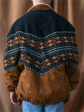 ‌Men's Brown Vintage Printed Suede Patchwork Fleece Lined Jackets