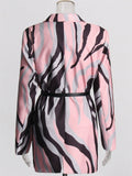Fashion Women Pink Long Sleeve Printed Belted Jacket
