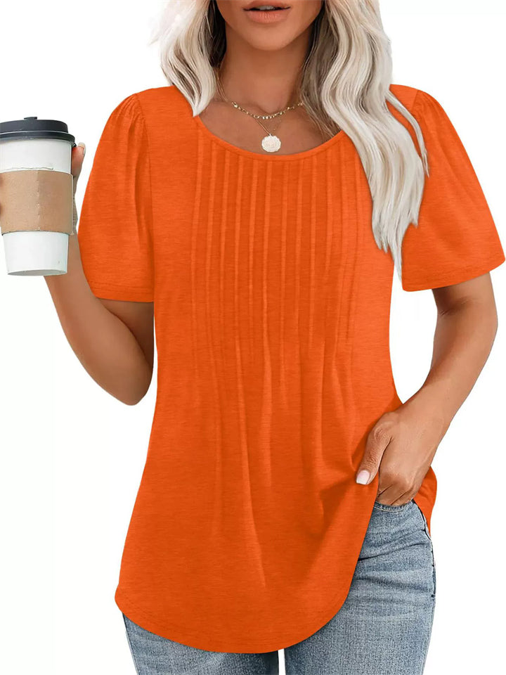 Women's Casual Solid Color Pleated Round Neck Short Sleeve Shirts