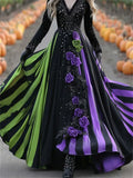 Women's Halloween Stripes Floral Printed Comfy V Neck Maxi Dress