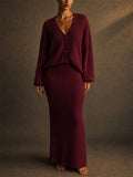 Women's Grunge Style V-Neck Button Up Cardigan Top and Midi Dress Set