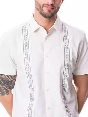Men's Casual Lapel Embroidered Patchwork Short Sleeve Shirts