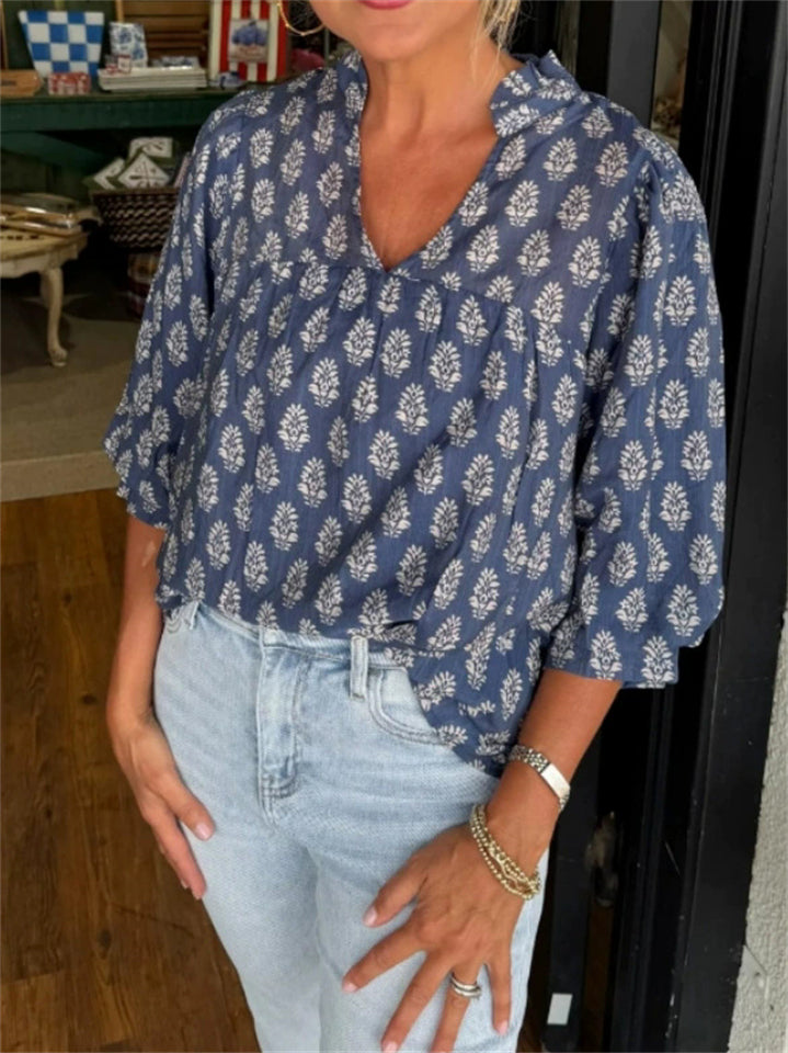 Women's Boho Floral V Neck Puff Sleeve Loose Fit Blouses