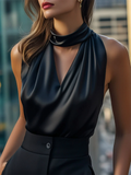 Ladies' Elegant Black Solid Color Halter V Neck Pullover Sleeveless Blouses