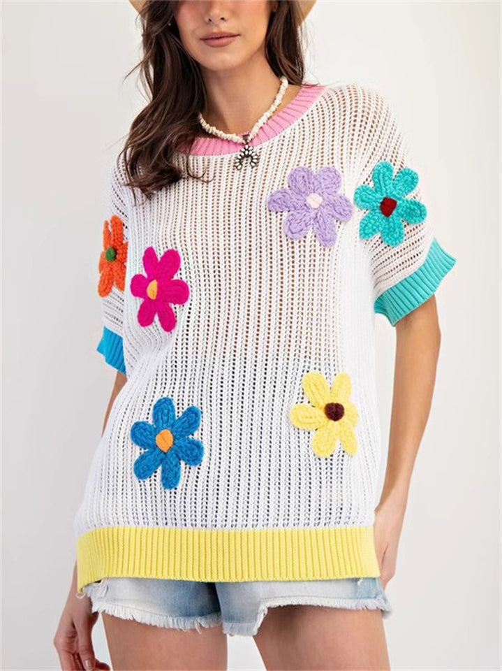 Women's Summer 3D Flower Short Sleeve Knit Sweater T Shirt