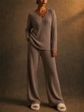 Women V Neck Ribbed Knit 2 Piece Sweater and Wide Leg Pants Set